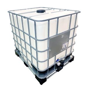 A reconditioned IBC at Recontainers, it has a metal cage and a plastic bottle.