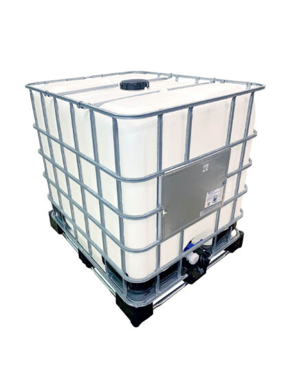 A reconditioned IBC at Recontainers, it has a metal cage and a plastic bottle.