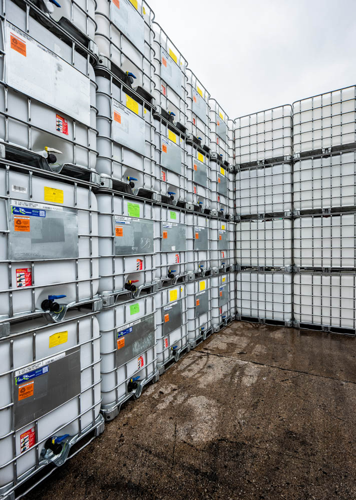 Reconditioned IBCs next to rows of earthed IBCs.
