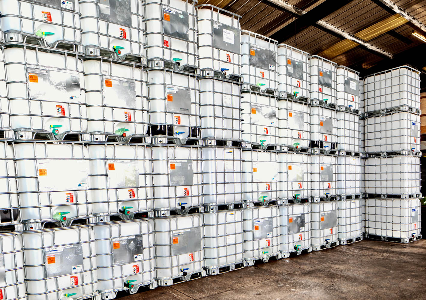 Rows of IBCs in the warehouse